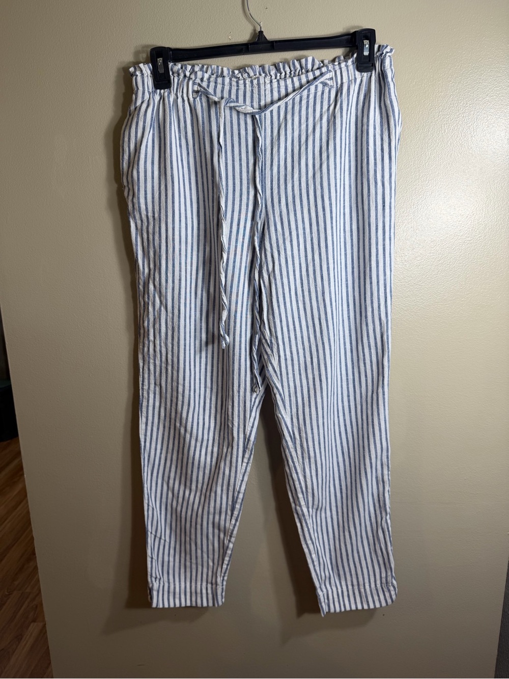 beachlunchlounge White and Blue Vertical Stripe  Drawstring Linen Blend Pants